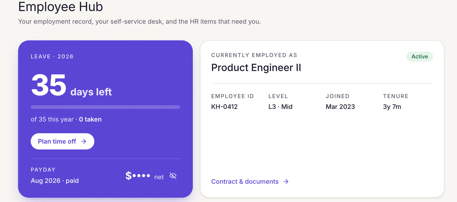 An employee's Employee Hub: 35 days of leave left this year with a Plan time off button, the August 2026 payday with the net amount hidden, and their job title, employee ID, level, start date and tenure.