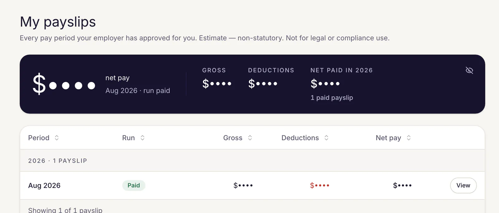 An employee's My payslips page: net pay shown as dots until they choose to reveal it, with gross pay, deductions and net paid this year, and the list of paid payslips.