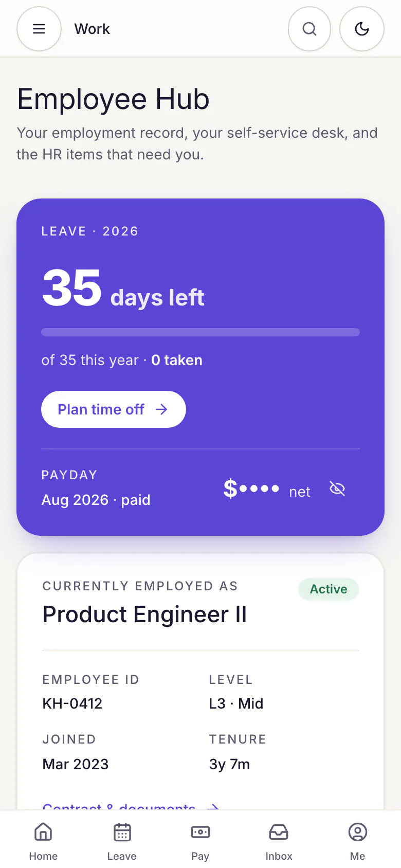 The Employee Hub on a phone: 35 days of leave left, payday with the amount hidden, and a bottom bar with Home, Leave, Pay, Inbox and Me.